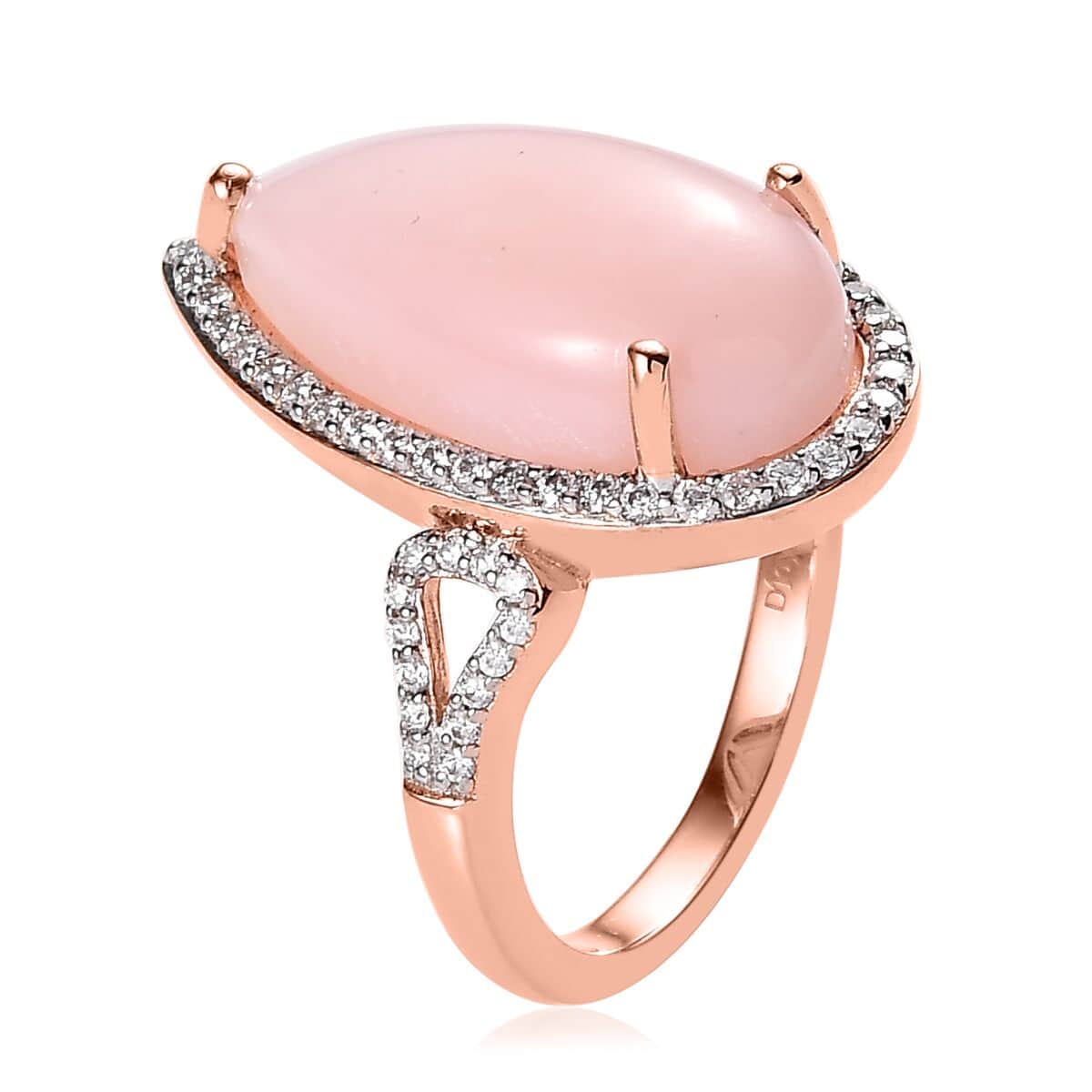 Peruvian Pink Opal and Moissanite Halo Ring in Vermeil Rose Gold Over Sterling Silver 8.15 ctw image number 3