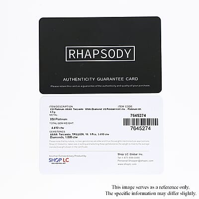 Certified & Appraised Rhapsody 950 Platinum AAAA Tanzanite and E-F VS Diamond Pendant without Chain 4.5 Grams 3.65 ctw