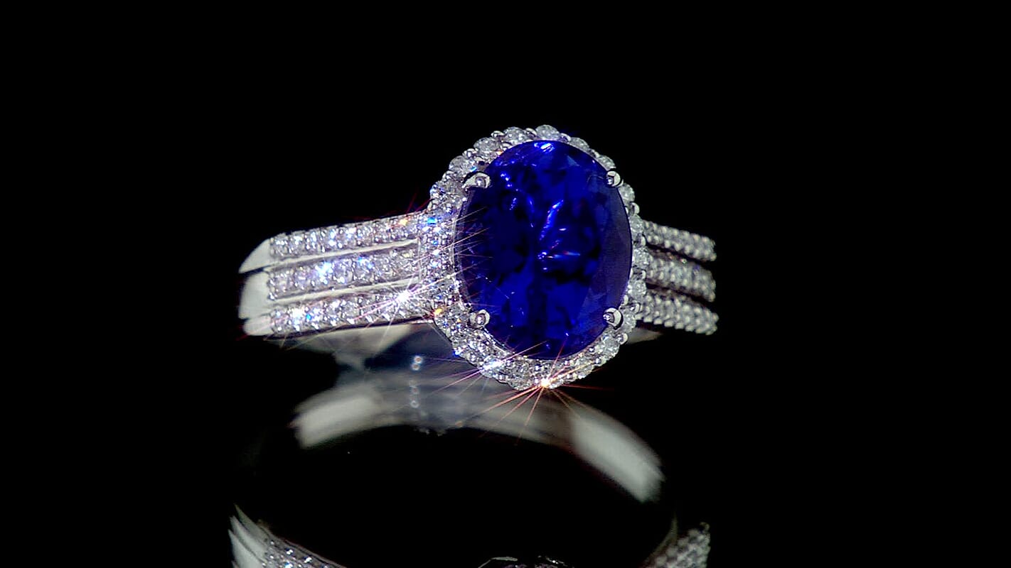 Certified and Appraised Rhapsody 950 Platinum AAAA Tanzanite and E-F VS Diamond Ring