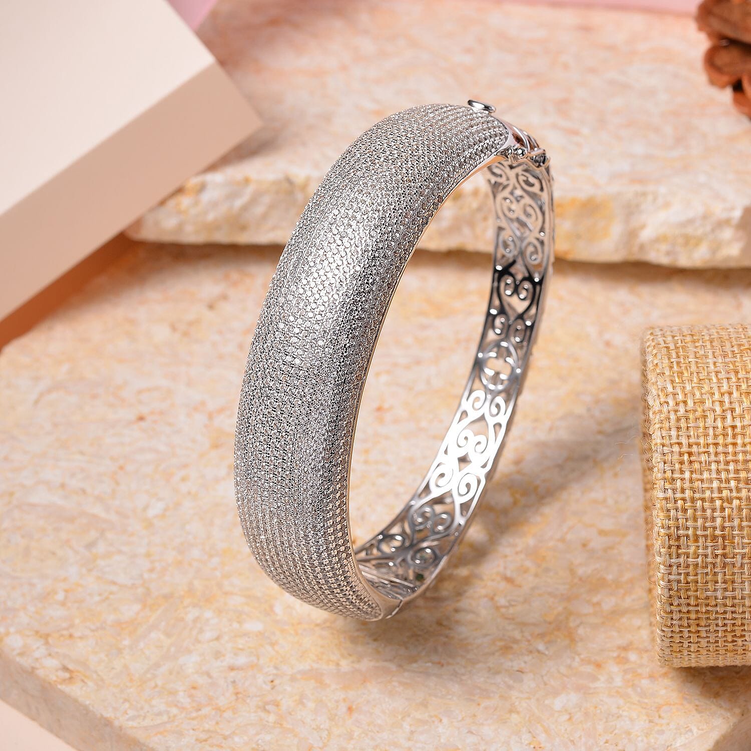 White Zircon 13.18 ctw Bangle Bracelet in Rhodium Over Sterling Silver (7.50 In)