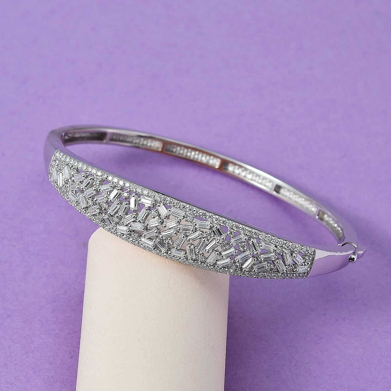 Moissanite Bangle Bracelet in Rhodium Over Sterling Silver (6.50 In) 4.75 ctw