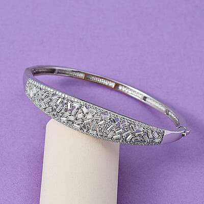 Moissanite Bangle Bracelet in Rhodium Over Sterling Silver (6.50 In) 4.75 ctw