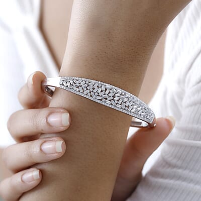 Moissanite Bangle Bracelet in Rhodium Over Sterling Silver (6.50 In) 4.75 ctw