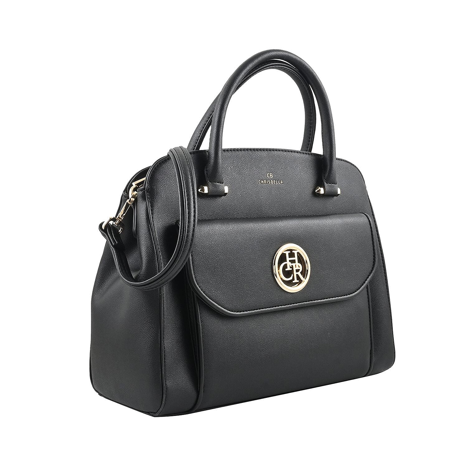 MC Saffiano Black Front Flap Pocket Faux Leather Satchel Bag