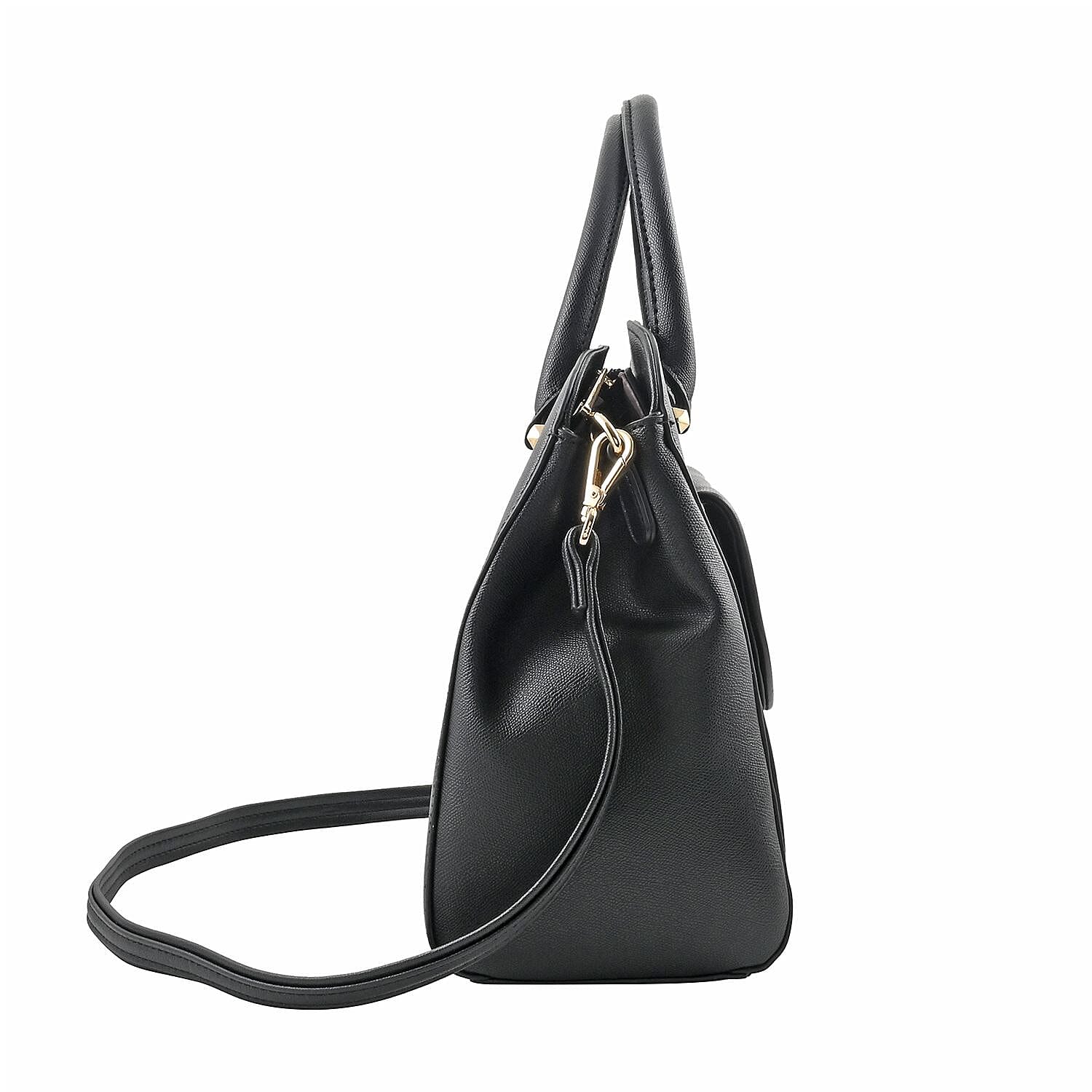 MC Saffiano Black Front Flap Pocket Faux Leather Satchel Bag