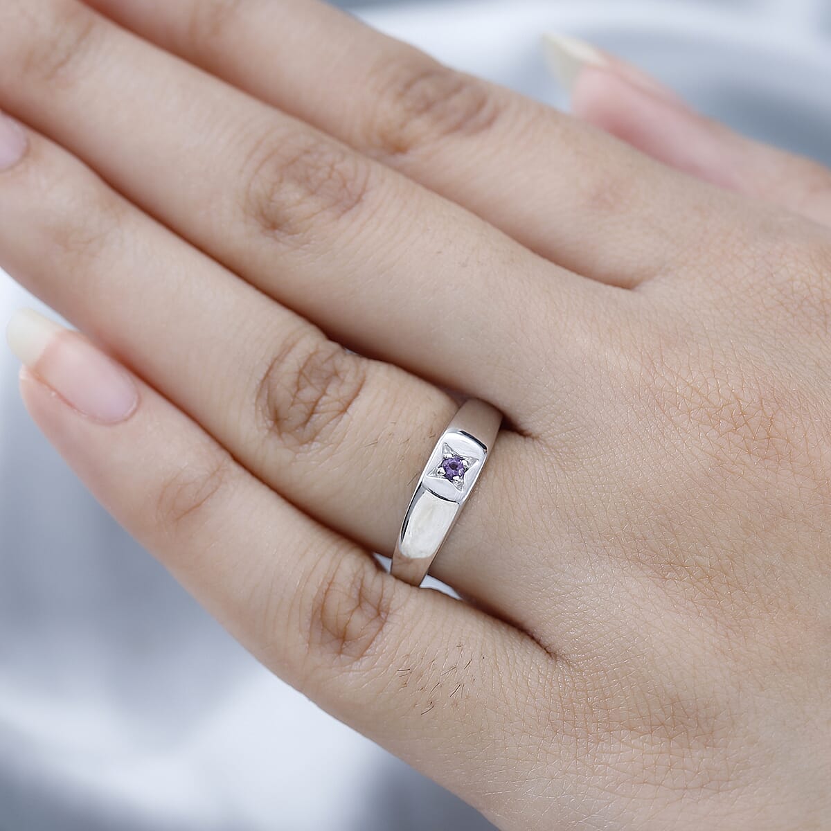 African Amethyst Solitaire Celestial Star Band Ring in Platinum Over Sterling Silver (Size 5.0) image number 2