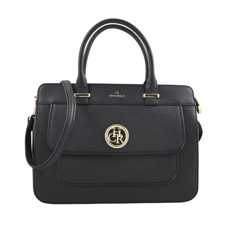 MC Saffiano Black Front Flap Pocket Faux Leather Satchel Bag