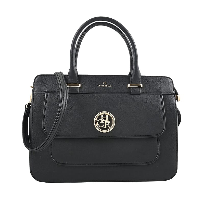 MC Saffiano Black Front Flap Pocket Faux Leather Satchel Bag