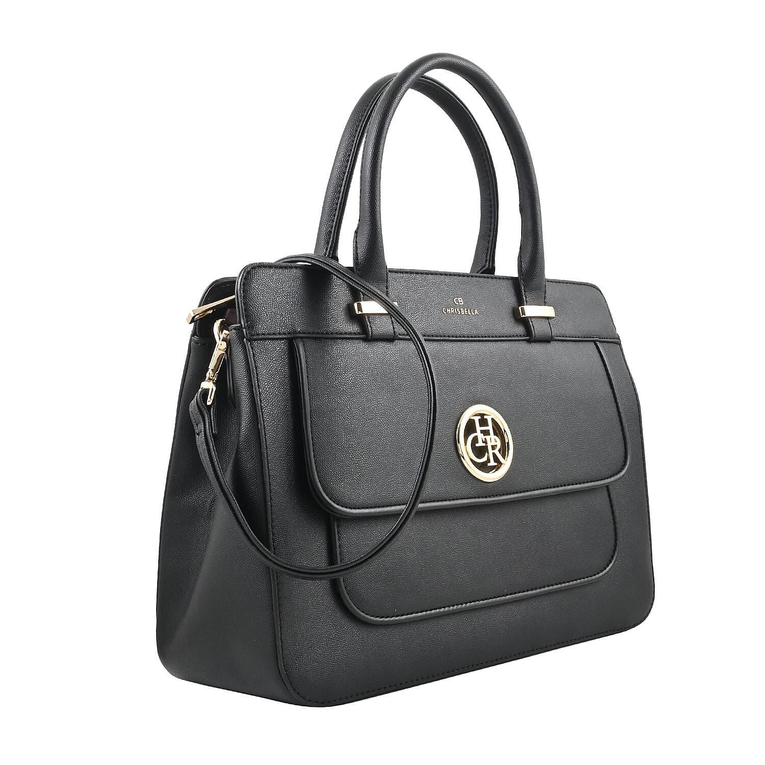 MC Saffiano Black Front Flap Pocket Faux Leather Satchel Bag