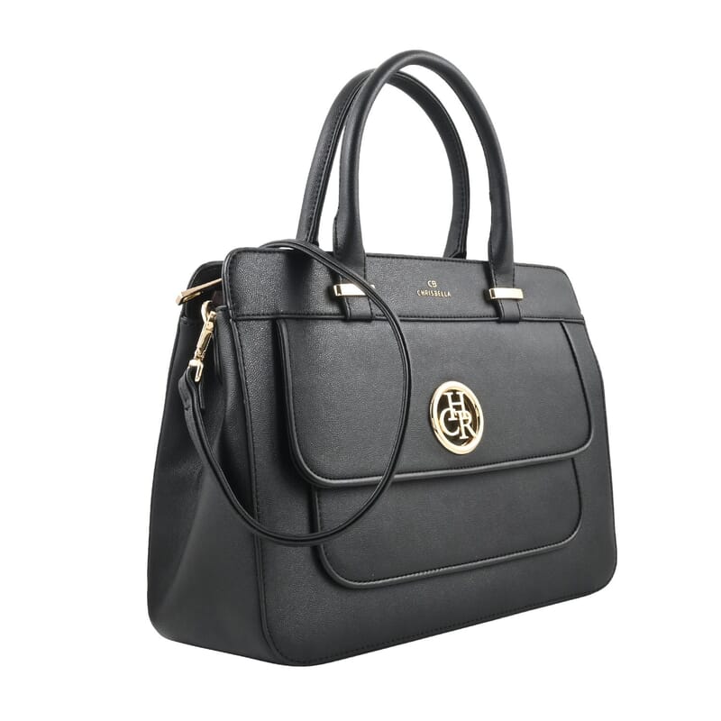 MC Saffiano Black Front Flap Pocket Faux Leather Satchel Bag