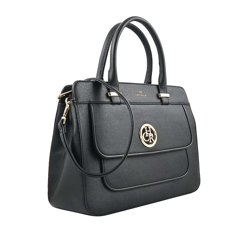 MC Saffiano Black Front Flap Pocket Faux Leather Satchel Bag
