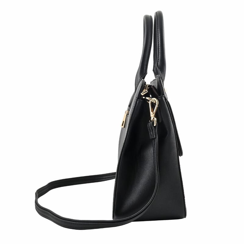 MC Saffiano Black Front Flap Pocket Faux Leather Satchel Bag