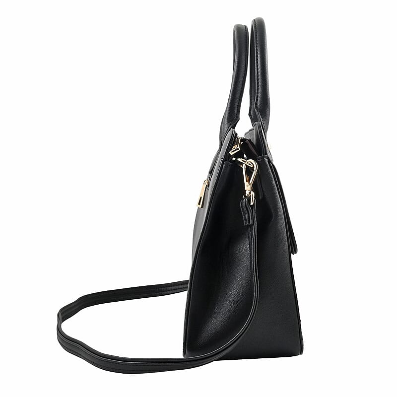 MC Saffiano Black Front Flap Pocket Faux Leather Satchel Bag