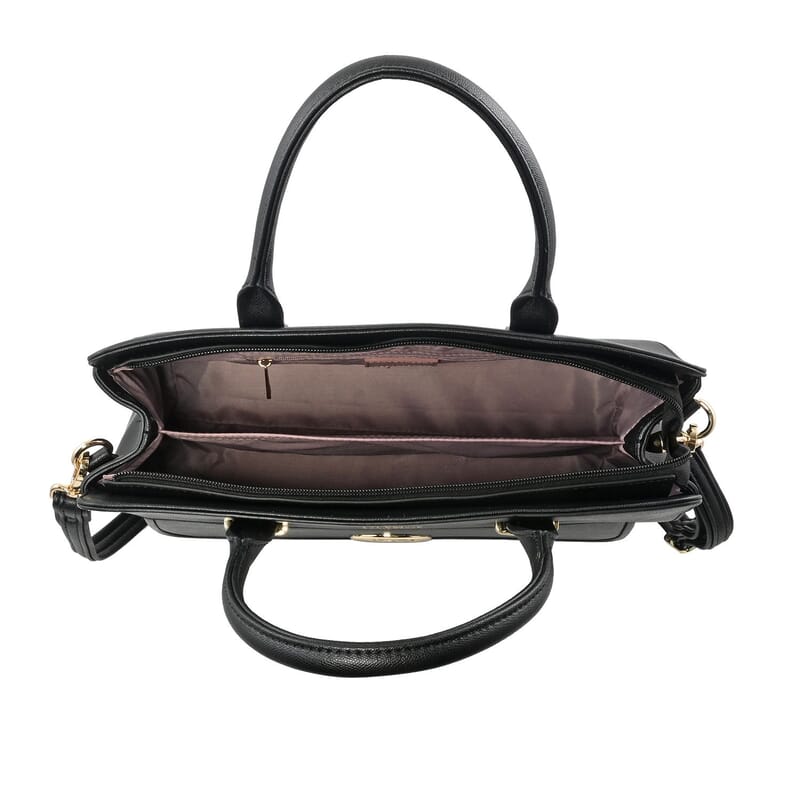 MC Saffiano Black Front Flap Pocket Faux Leather Satchel Bag