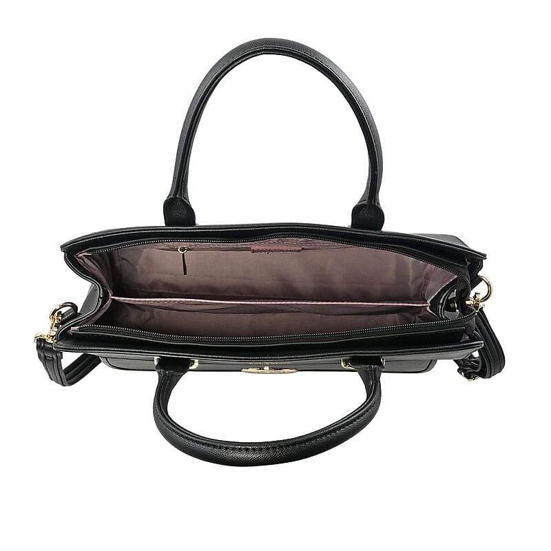 MC Saffiano Black Front Flap Pocket Faux Leather Satchel Bag