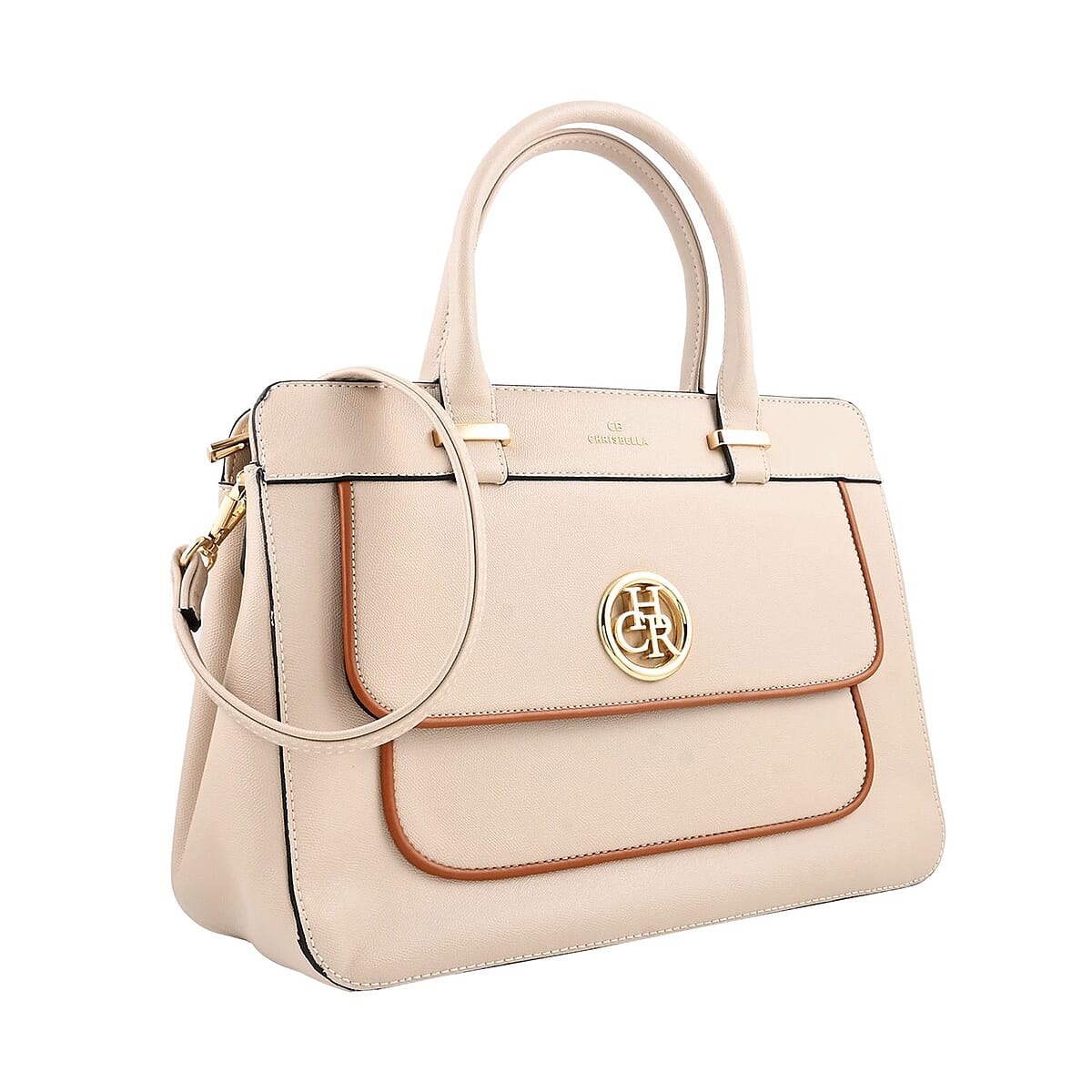 MC Saffiano Cream Front Flap Pocket Faux Leather Satchel Bag image number 1