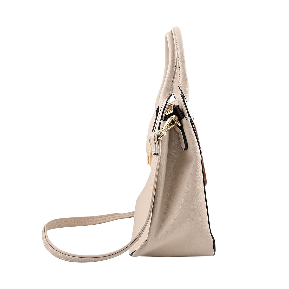 MC Saffiano Cream Front Flap Pocket Faux Leather Satchel Bag image number 3