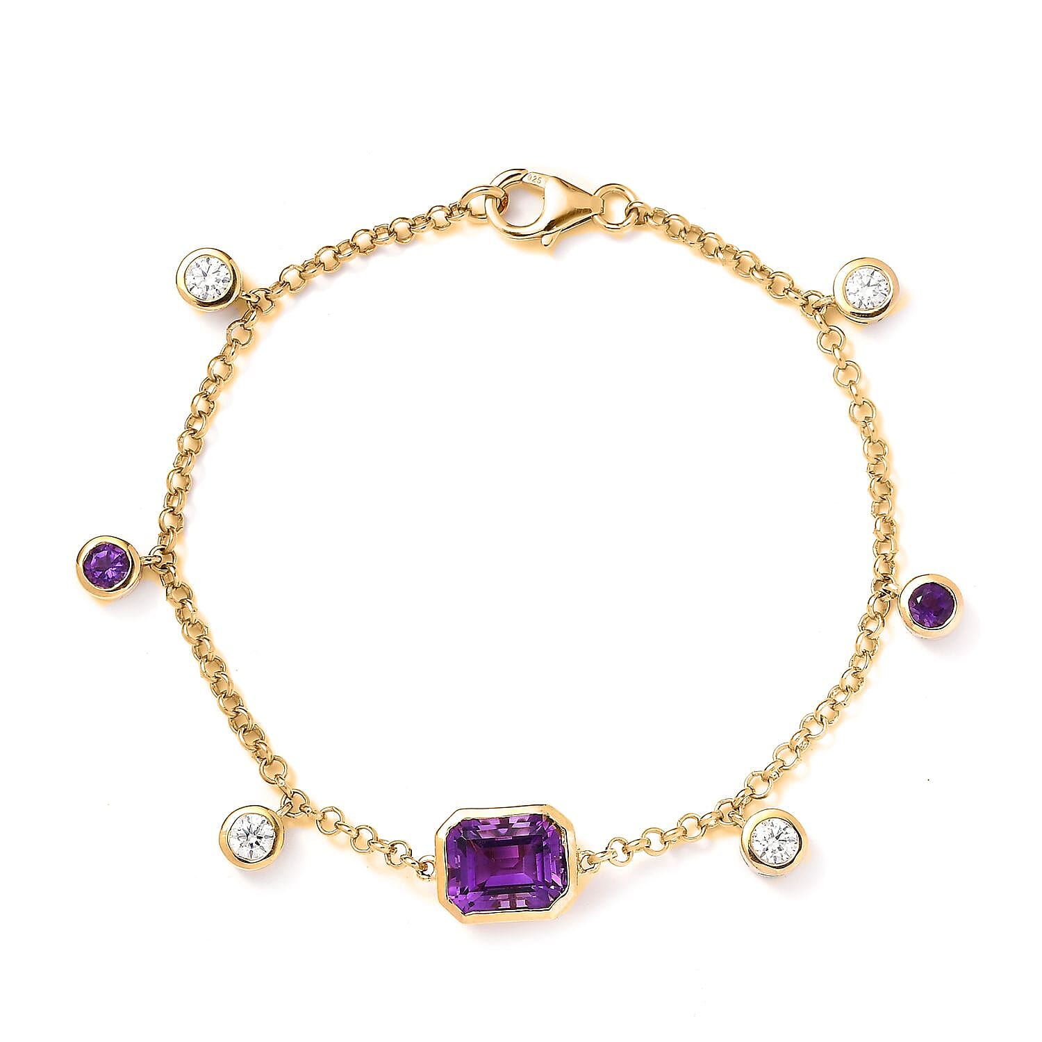 Moroccan Amethyst and Multi Gemstone Station Charm Bracelet in Vermeil Yellow Gold Over Sterling Silver (7.00 In) 5.00 ctw