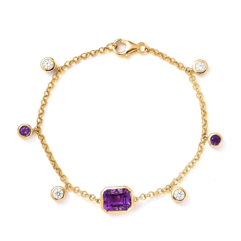 Moroccan Amethyst and Multi Gemstone Station Charm Bracelet in Vermeil Yellow Gold Over Sterling Silver (7.00 In) 5.00 ctw