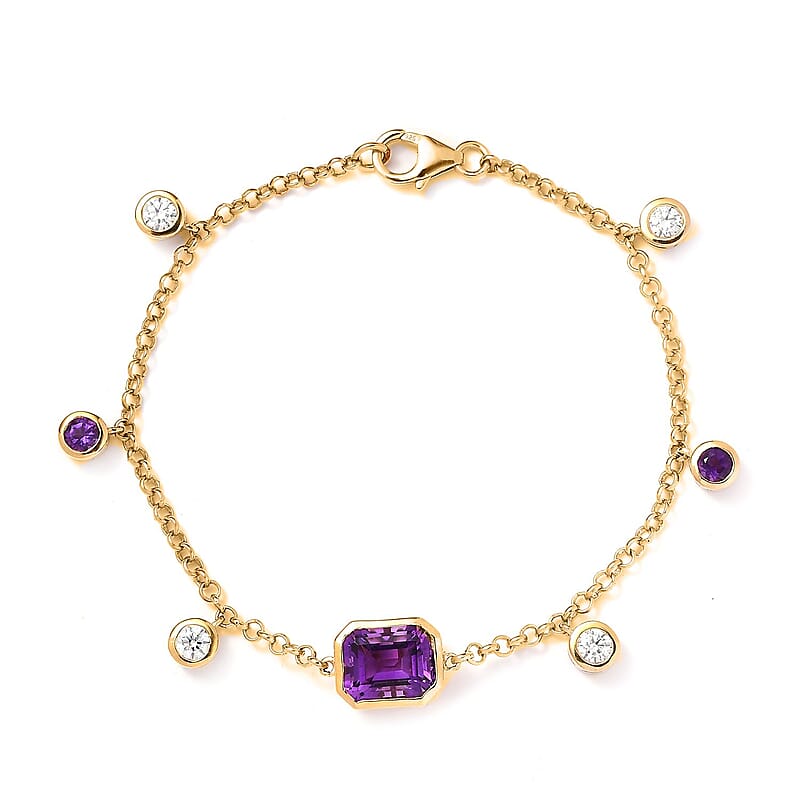 Moroccan Amethyst and Multi Gemstone Station Charm Bracelet in Vermeil Yellow Gold Over Sterling Silver (7.00 In) 5.00 ctw