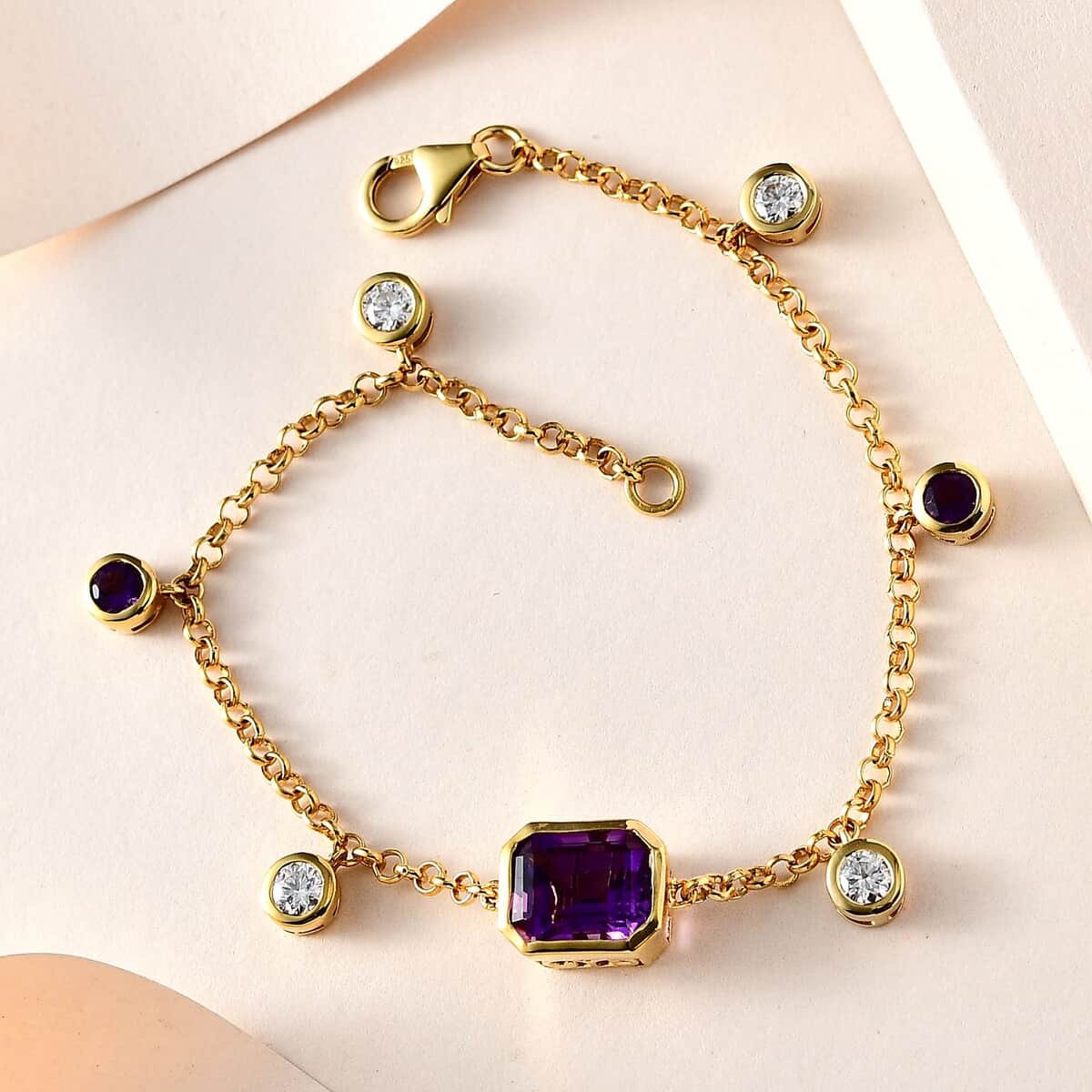 Moroccan Amethyst and Multi Gemstone Station Charm Bracelet in Vermeil Yellow Gold Over Sterling Silver (7.00 In) 5.00 ctw image number 1