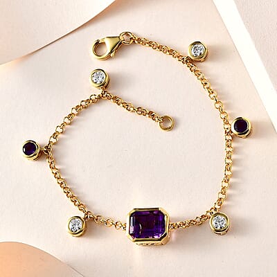 Moroccan Amethyst and Multi Gemstone Station Charm Bracelet in Vermeil Yellow Gold Over Sterling Silver (7.00 In) 5.00 ctw
