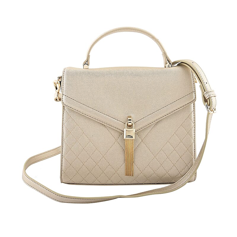 MC Gold Pebbled Grain Faux Leather Envelope Shape Crossbody Bag