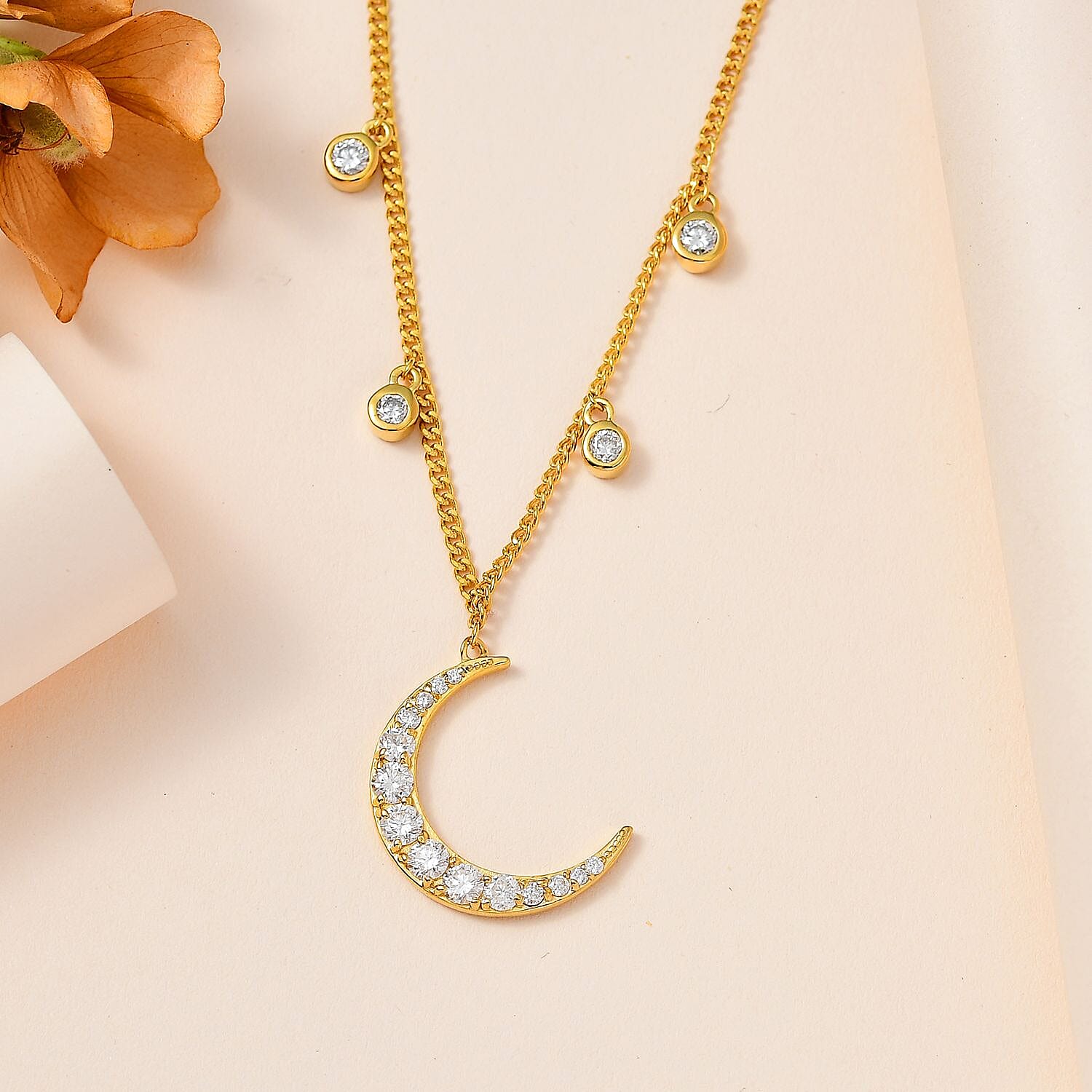 Moissanite Moon Station Necklace 18 Inches in Vermeil Yellow Gold Over Sterling Silver 1.90 ctw