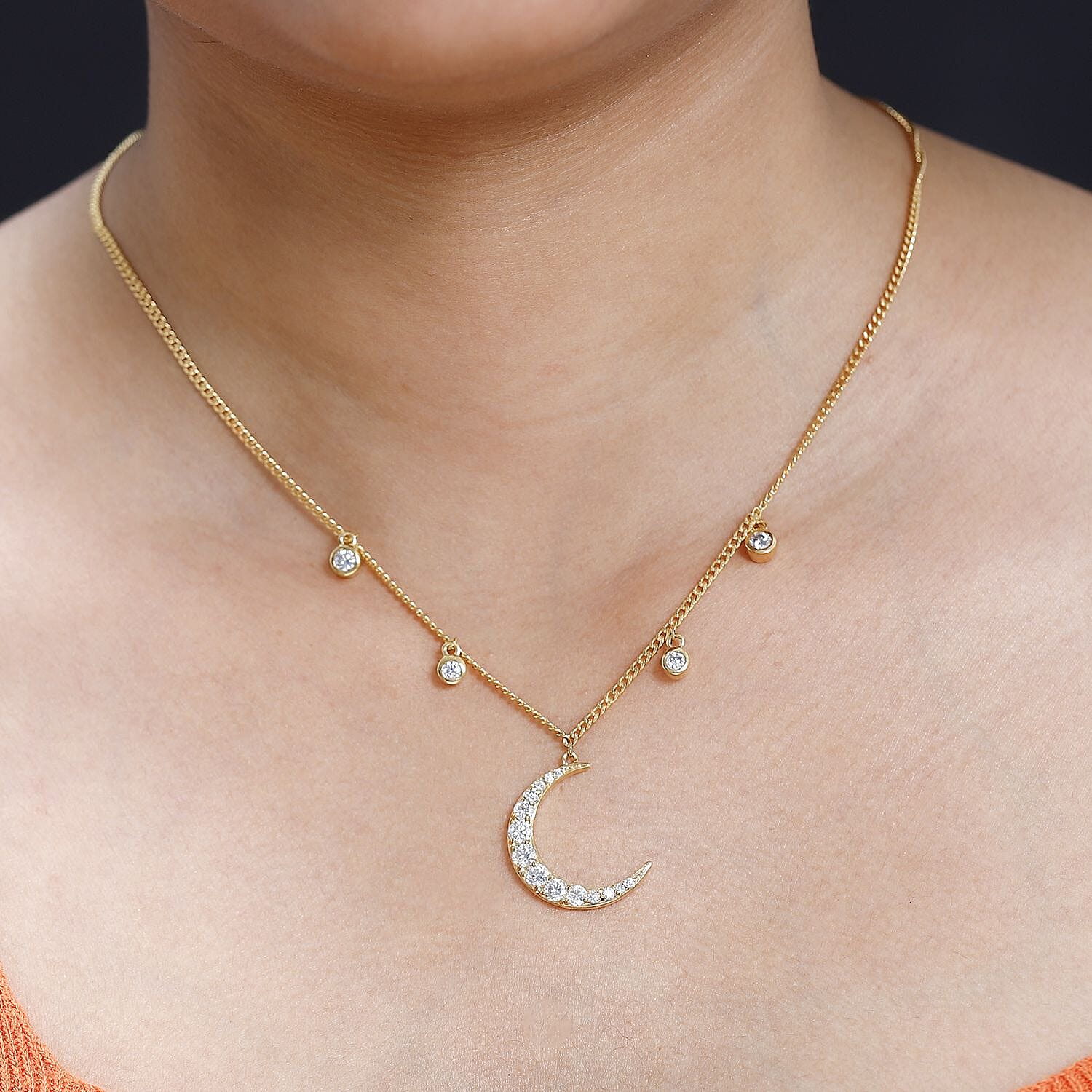Moissanite Moon Station Necklace 18 Inches in Vermeil Yellow Gold Over Sterling Silver 1.90 ctw