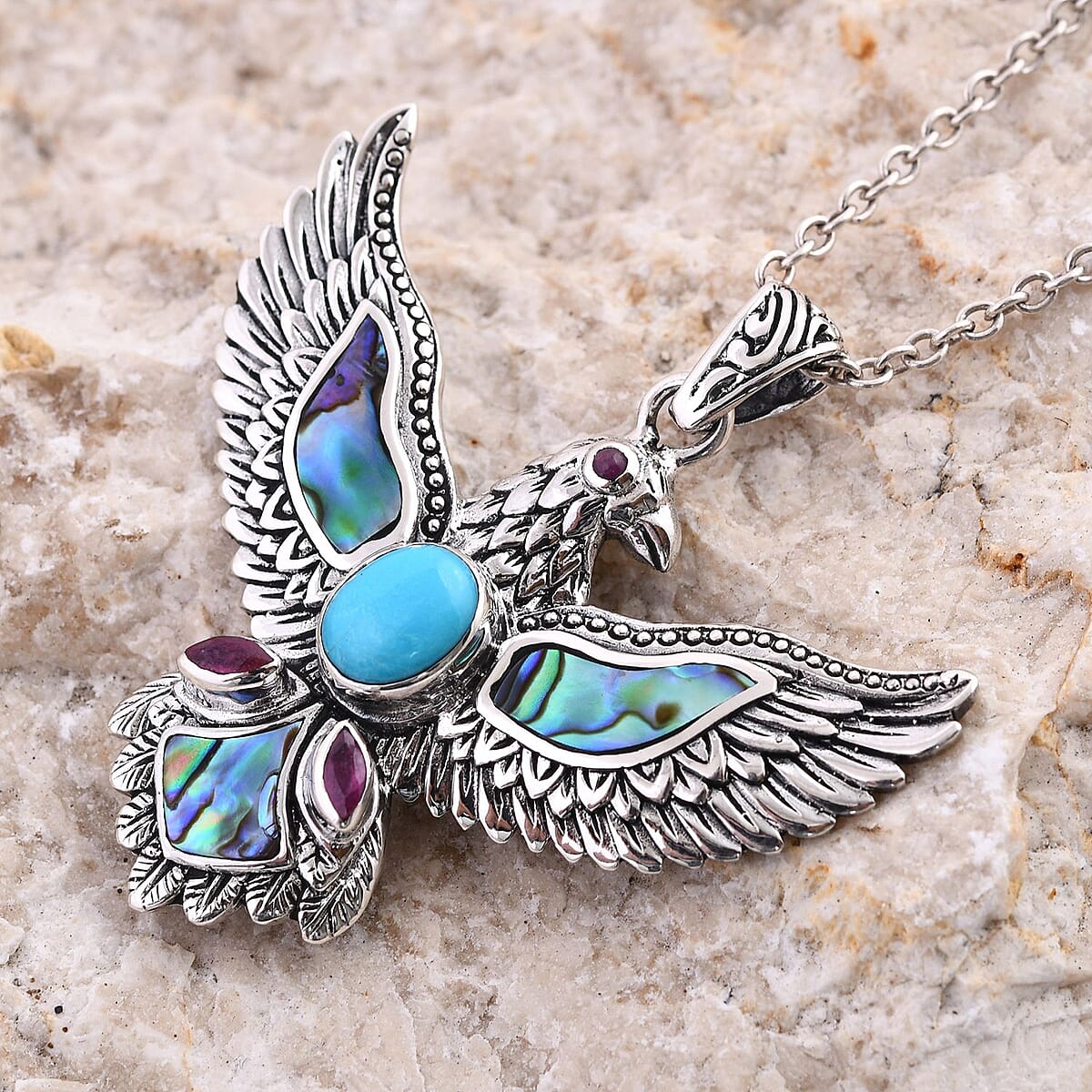 Bali Legacy Sleeping Beauty Turquoise and Multi Gemstone 1.90 ctw Eagle Pendant in Sterling Silver image number 1