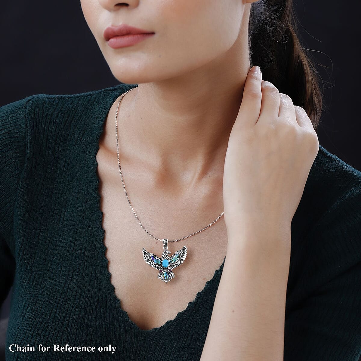 Bali Legacy Sleeping Beauty Turquoise and Multi Gemstone 1.90 ctw Eagle Pendant in Sterling Silver image number 2