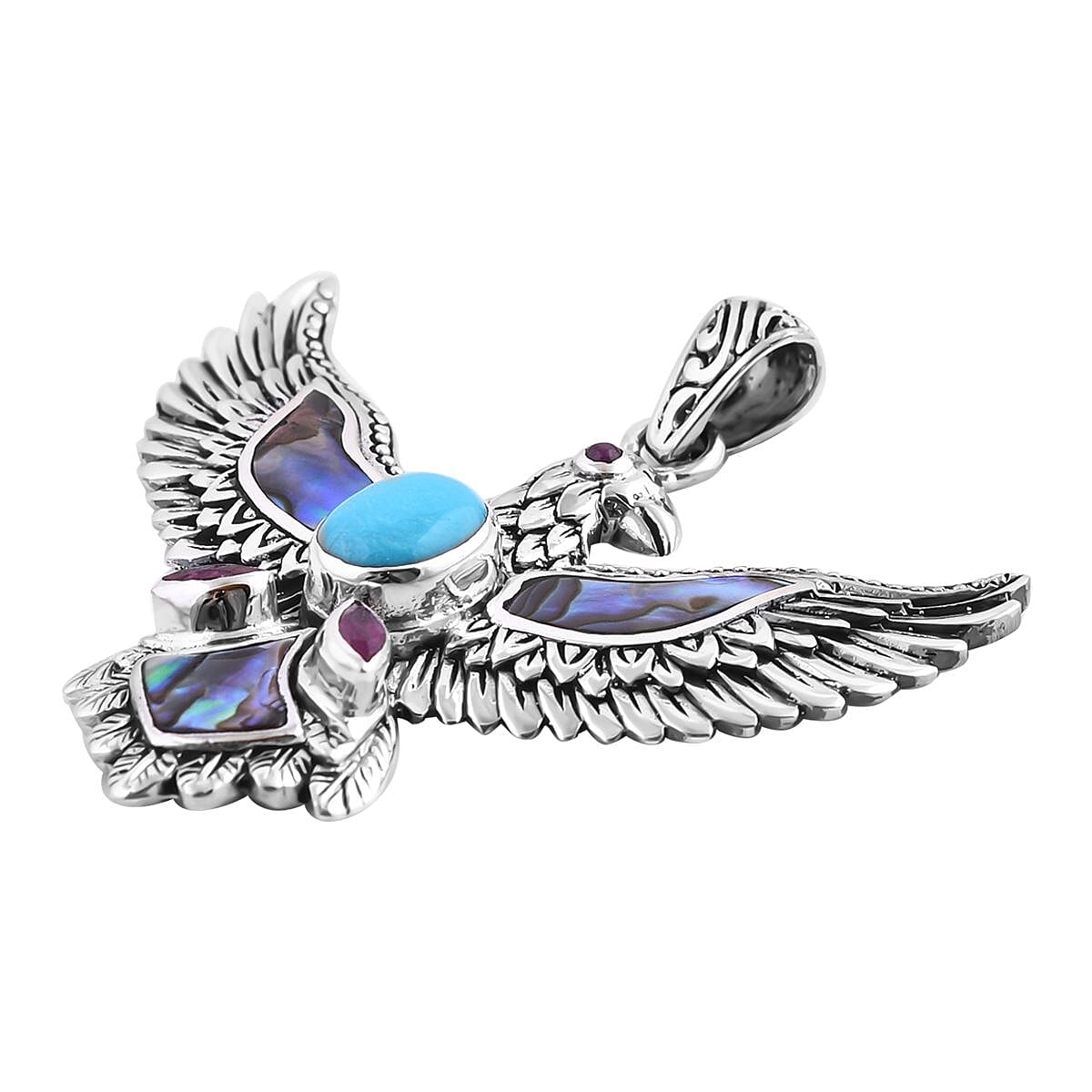Bali Legacy Sleeping Beauty Turquoise and Multi Gemstone 1.90 ctw Eagle Pendant in Sterling Silver image number 3