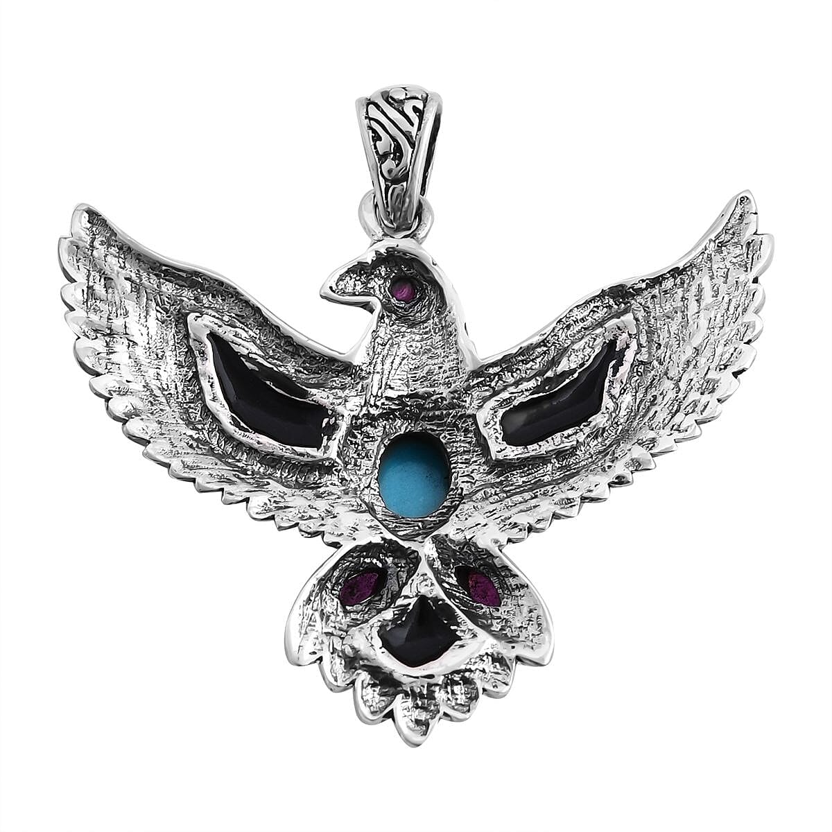 Bali Legacy Sleeping Beauty Turquoise and Multi Gemstone 1.90 ctw Eagle Pendant in Sterling Silver image number 4