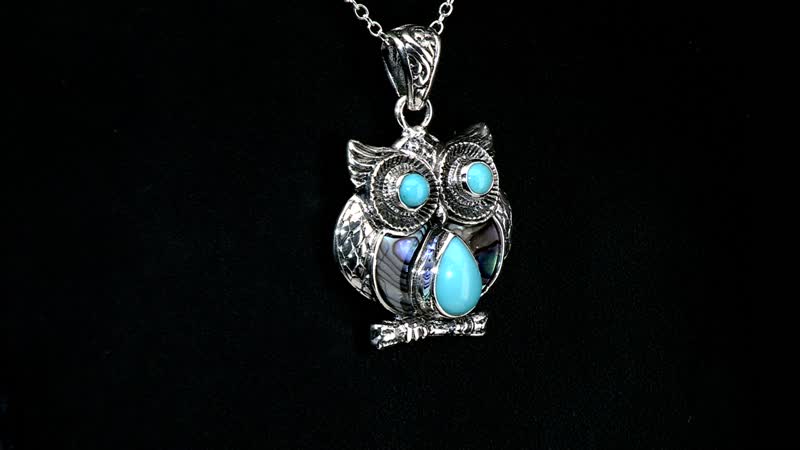 Bali Legacy Sleeping Beauty Turquoise and Abalone Shell Owl Pendant in Sterling Silver 2.40 ctw
