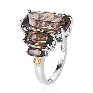 Brazilian Smoky Quartz 5 Stone Ring in Vermeil YG and Platinum Over Sterling Silver (Size 10.0) 10.50 ctw