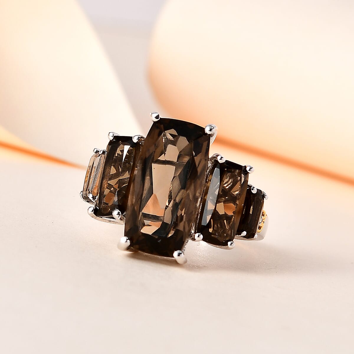 Brazilian Smoky Quartz 5 Stone Ring in Vermeil YG and Platinum Over Sterling Silver (Size 9.0) 10.50 ctw image number 1