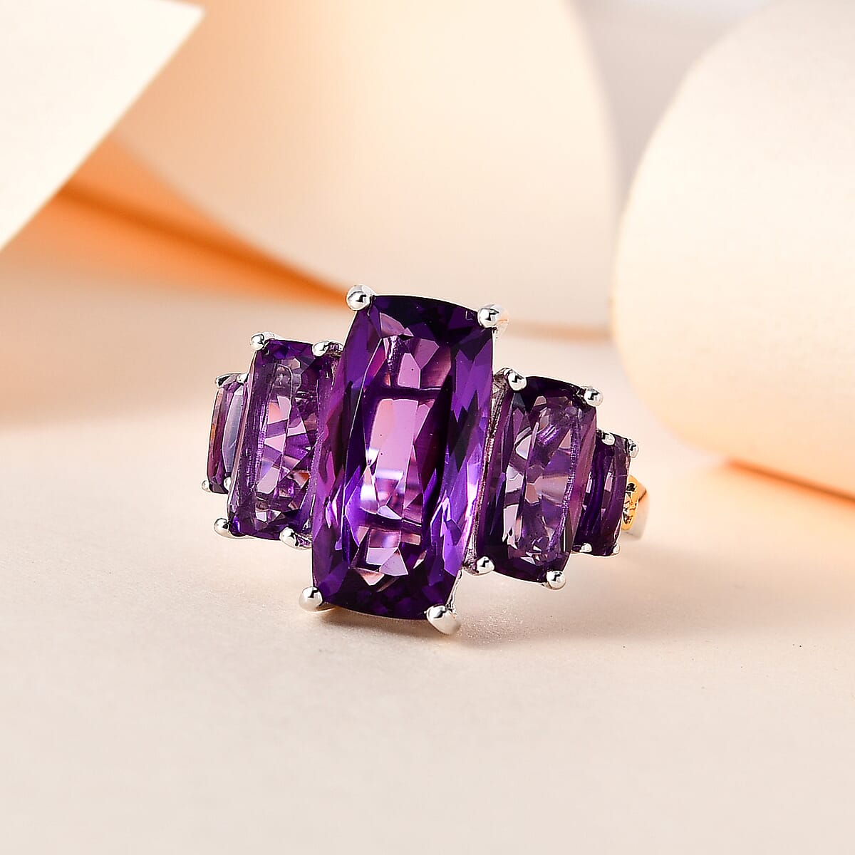 Rose De France Amethyst 5 Stone Ring in Vermeil YG and Platinum Over Sterling Silver (Size 6.0) 9.75 ctw image number 1