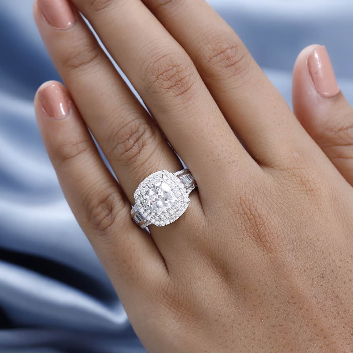 Moissanite Double Halo Ring in Platinum Over Sterling Silver (Size 10.0) 3.60 ctw image number 2