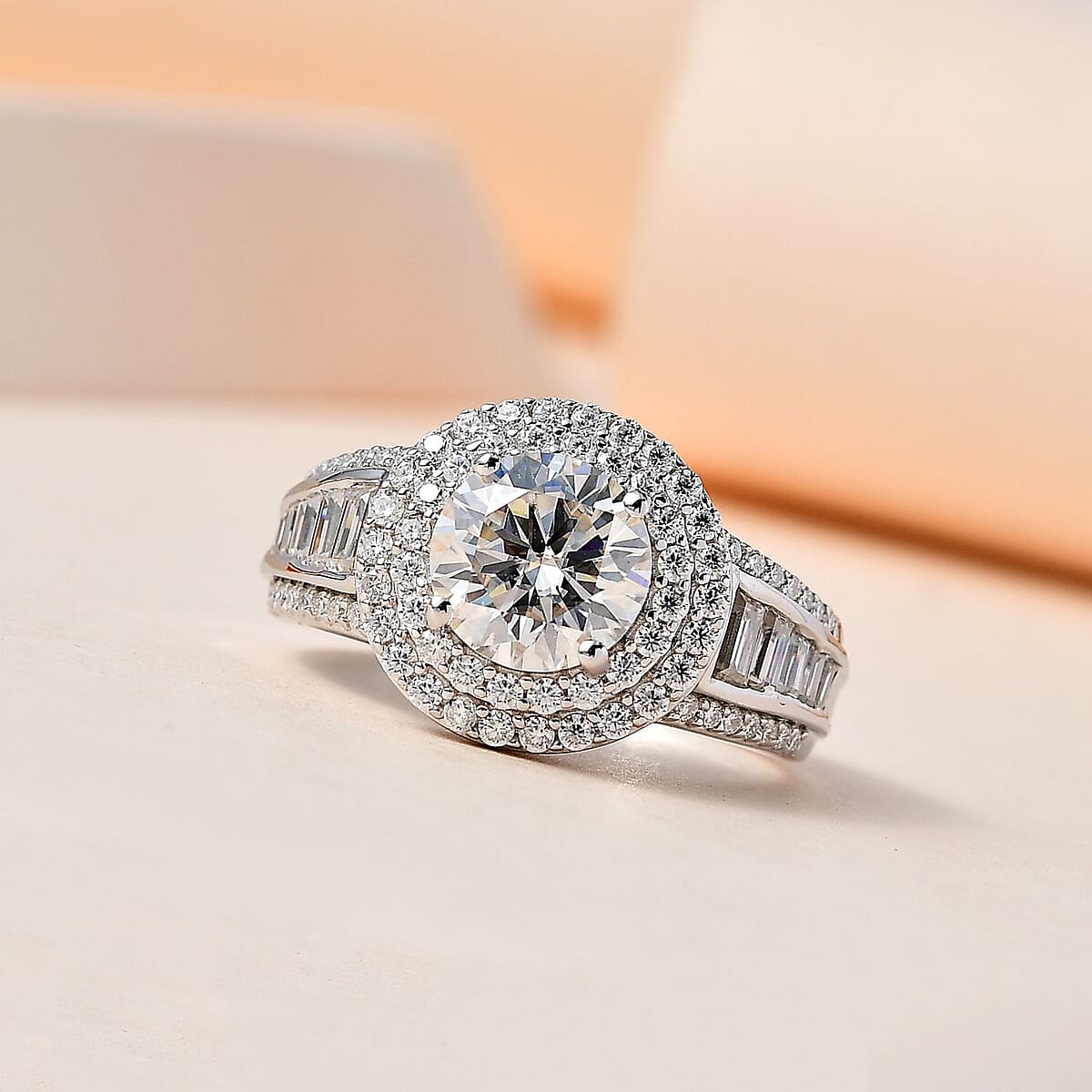 Moissanite Double Halo Ring in Platinum Over Sterling Silver (Size 6.0) 3.00 ctw image number 1