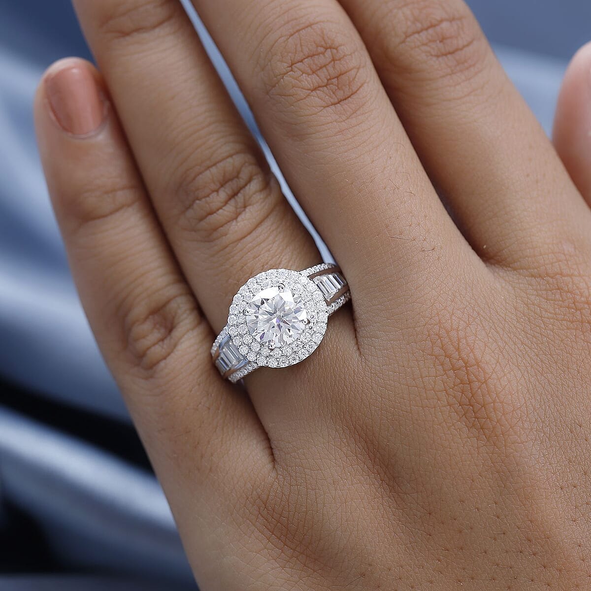 Moissanite Double Halo Ring in Platinum Over Sterling Silver (Size 6.0) 3.00 ctw image number 2