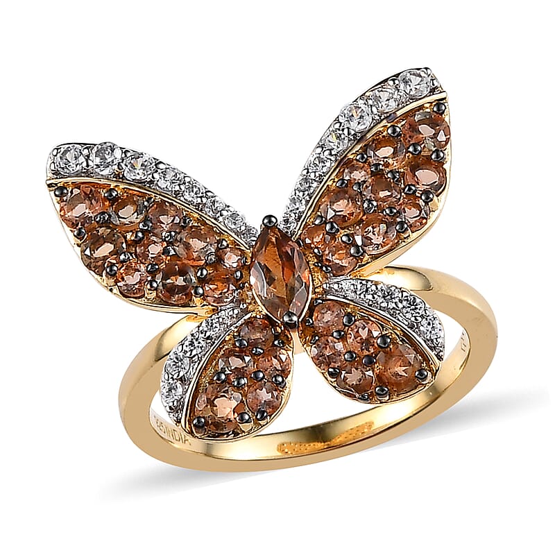 Premium Jenipapo Andalusite and White Zircon 1.85 ctw Ring in 18K Vermeil Yellow Gold Over Sterling Silver (Size 6.0)