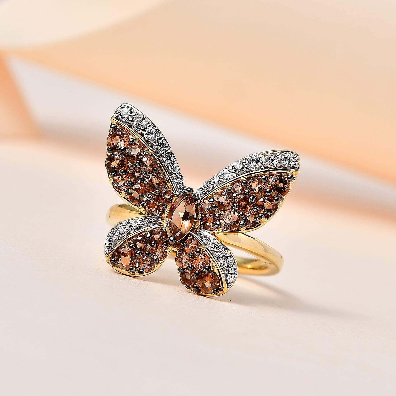 Premium Jenipapo Andalusite and White Zircon 1.85 ctw Ring in 18K Vermeil Yellow Gold Over Sterling Silver (Size 6.0)