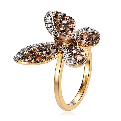 Premium Jenipapo Andalusite and White Zircon 1.85 ctw Ring in 18K Vermeil Yellow Gold Over Sterling Silver (Size 6.0)