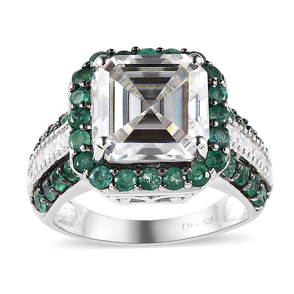 Doorbuster Asscher Cut Moissanite and Emerald Ring in Platinum Over Sterling Silver 7.35 ctw (Del. in 5-7 Days) image number 0