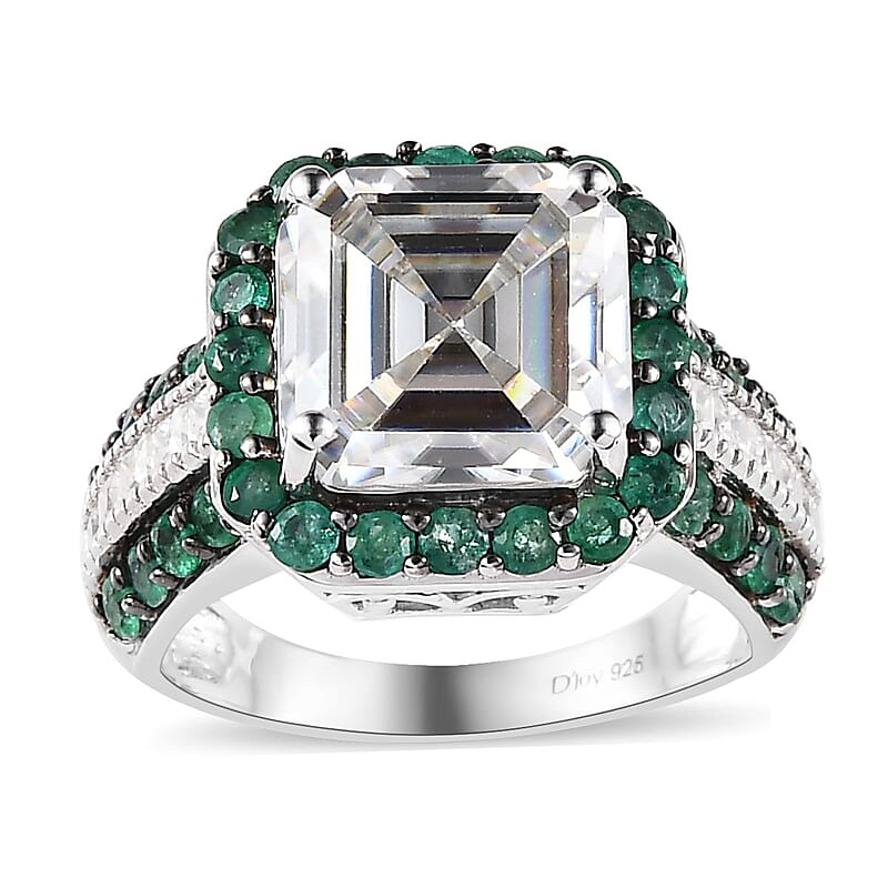 Asscher Cut Moissanite and Emerald Ring in Platinum Over Sterling Silver (Size 10.0) 8.90 ctw