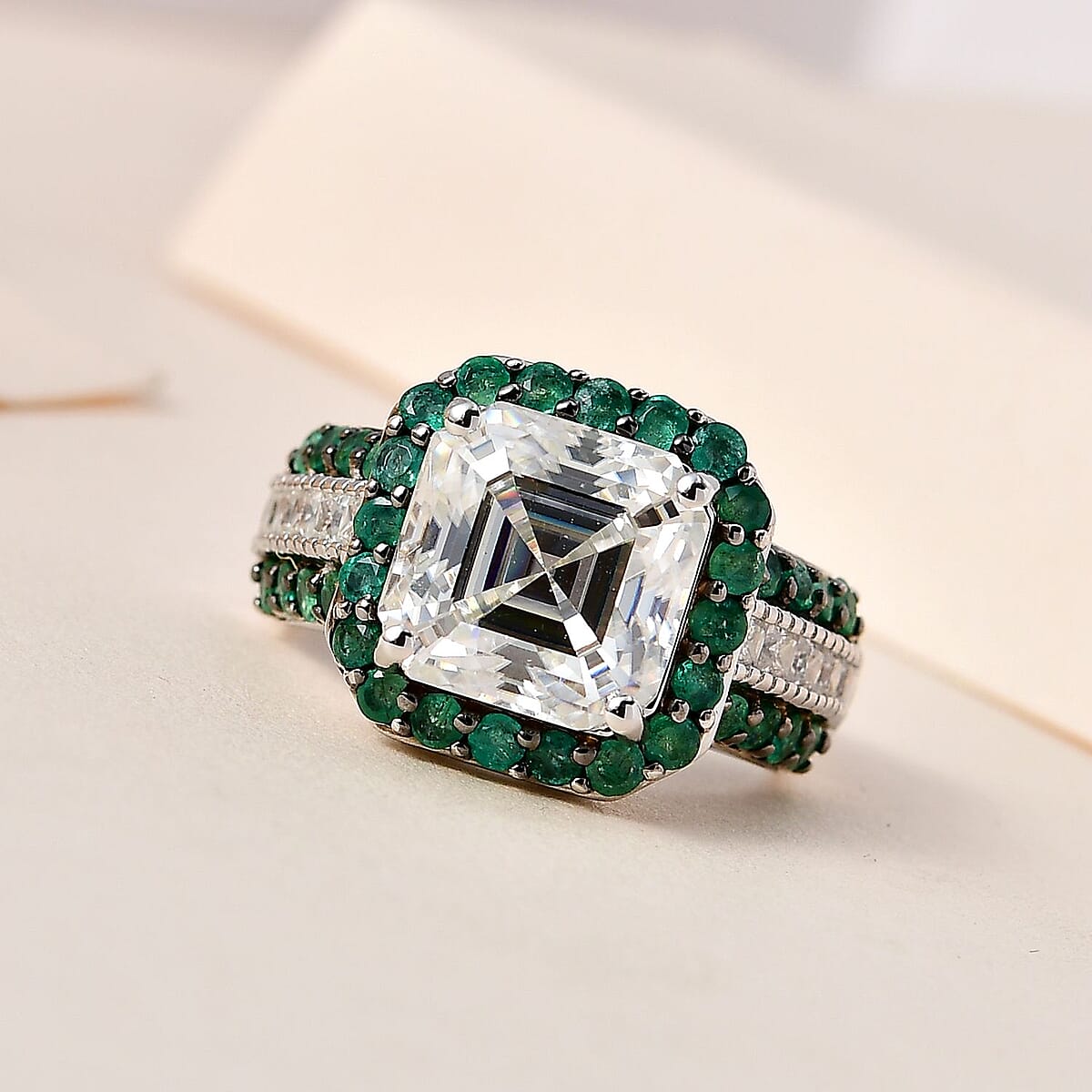 Doorbuster Asscher Cut Moissanite and Emerald Ring in Platinum Over Sterling Silver 7.35 ctw (Del. in 5-7 Days) image number 1