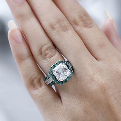 Asscher Cut Moissanite and Emerald Ring in Platinum Over Sterling Silver (Size 10.0) 8.90 ctw