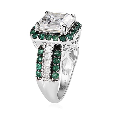 Asscher Cut Moissanite and Emerald Ring in Platinum Over Sterling Silver (Size 10.0) 8.90 ctw