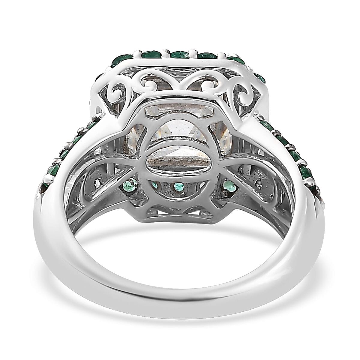 Asscher Cut Moissanite and Emerald Ring in Platinum Over Sterling Silver (Size 10.0) 8.90 ctw