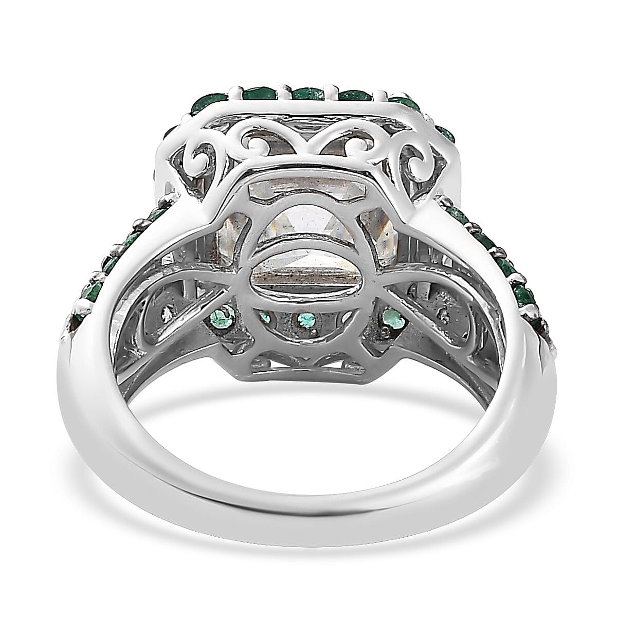 Doorbuster Asscher Cut Moissanite and Emerald Ring in Platinum Over Sterling Silver 7.35 ctw (Del. in 5-7 Days) image number 4